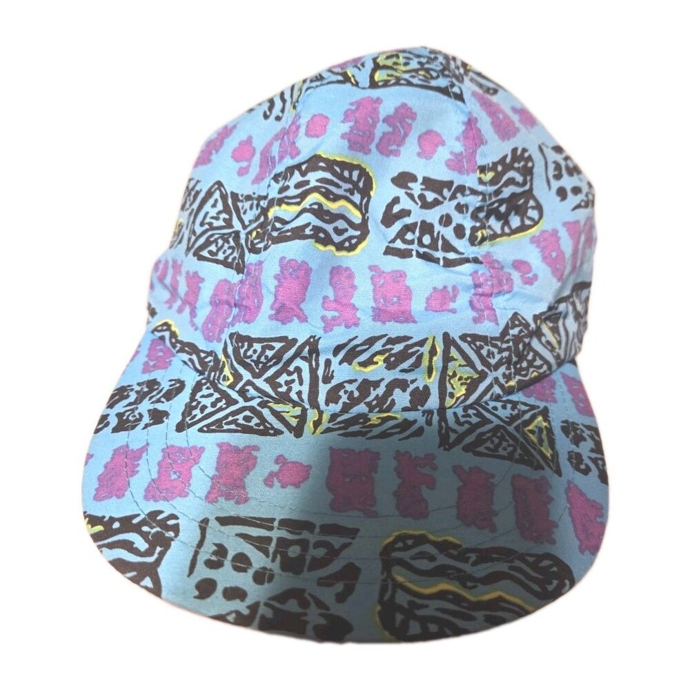 Vintage 80s 90s Painter Cap Hat Neon Blue Tribal Aztec All Over Print Nylon Camp